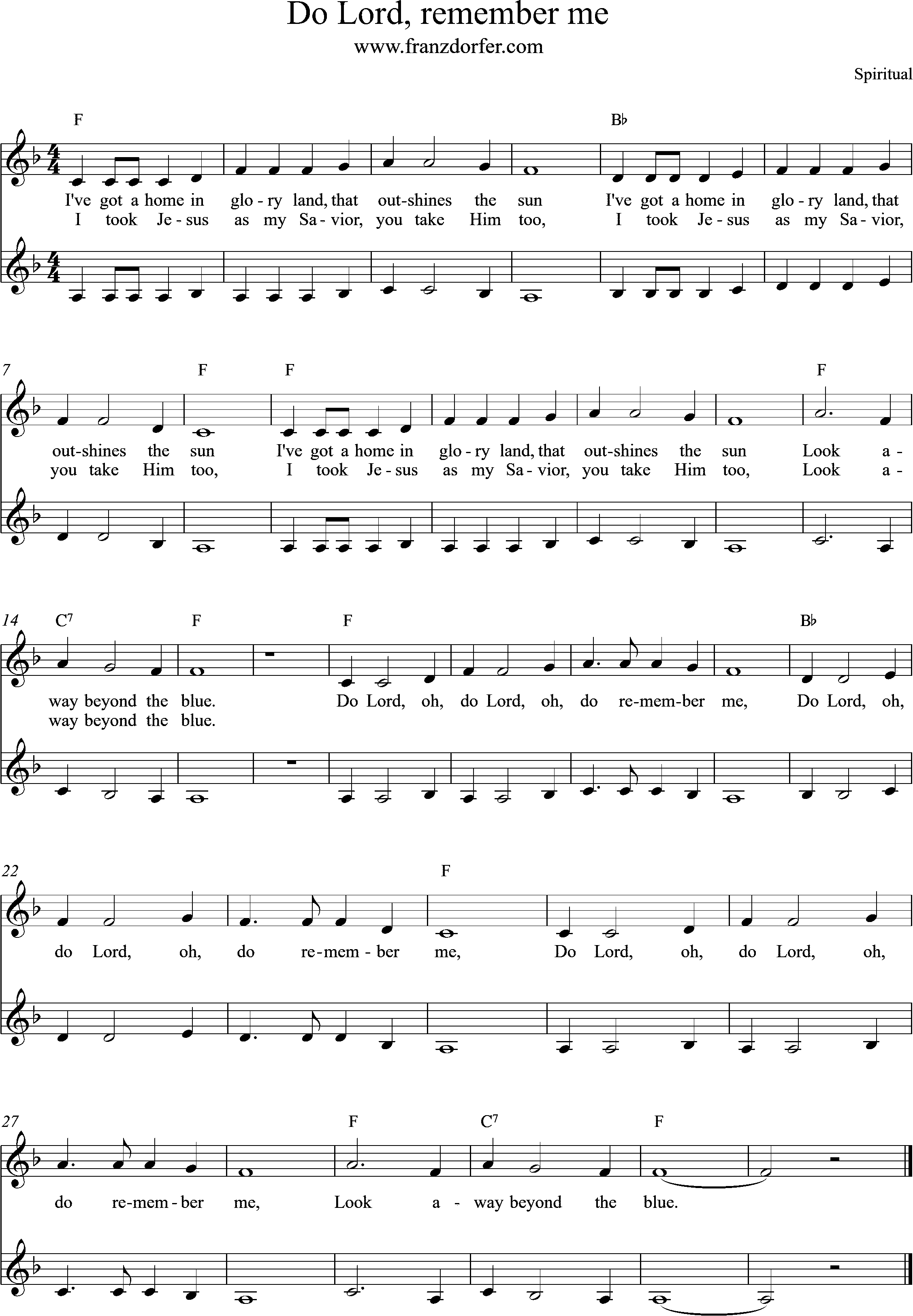 Sheetmusic, Do Lord remember me, F-Mjaor, Clarinent low